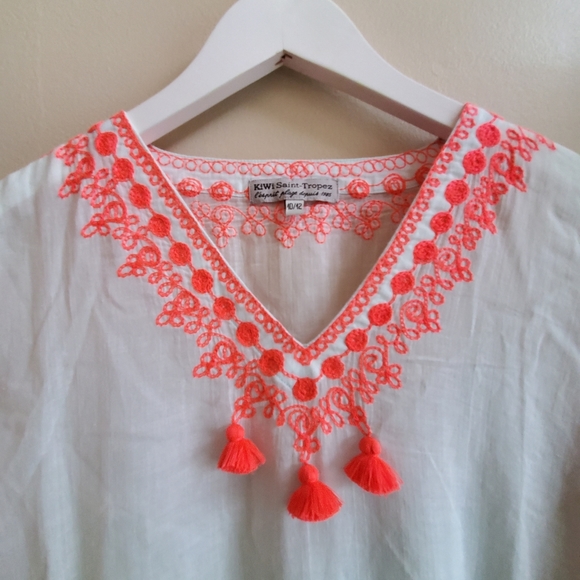 Kiwi Saint Tropez icy blue neon pink embroidery and tassels cover up top S 10 - Picture 4 of 6